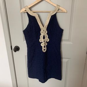 Lilly Pulitzer Navy Eyelet & Gold Lace Trim Dress